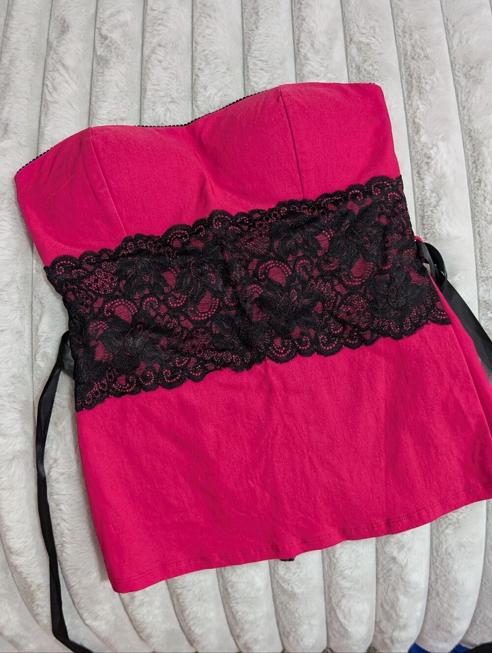 Hot Pink Strapless Top with Black Lace Waist